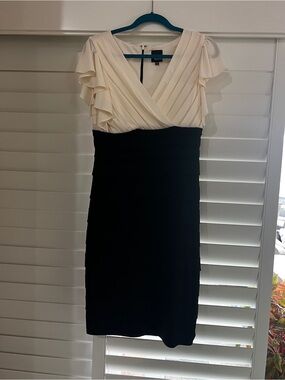 Elegant Two-Tone V-Neck Midi Dress in Cream and Black